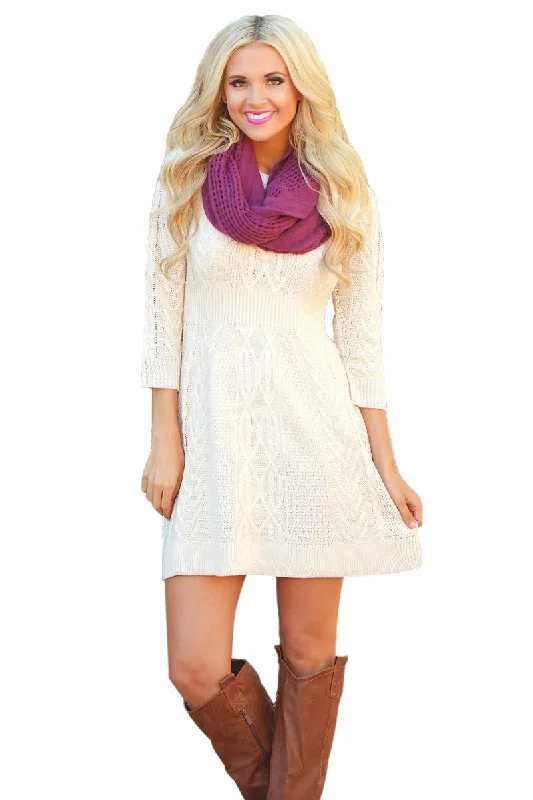 Sexy White Cable Knit Fitted 3/4 Sleeve Sweater Dress Sweater Dress Details