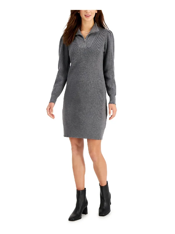 TAYLOR Womens Gray Zippered Ribbed Heather Long Sleeve Collared Above The Knee Wear To Work Sweater Dress Long Sleeve Sweater