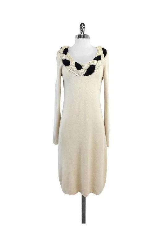 Temperley London - Cream & Black Braided Neckline Sweater Dress Sz M Classic Sweater Dress