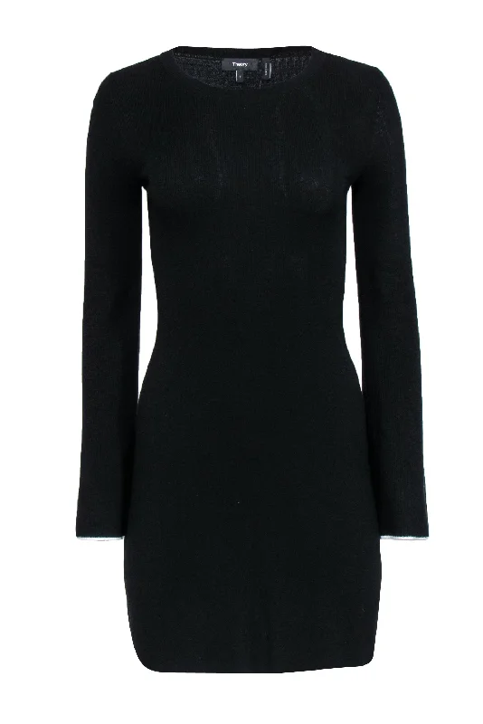 Theory - Black Bell Sleeve Knit Sweater Dress w/ White Trim Sz P Knit Sweater Dress