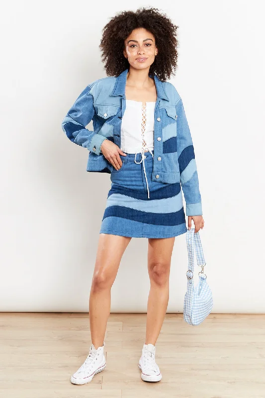 Tonal Patchwork Denim Mini Skirt - Blue Classic Denim Mini