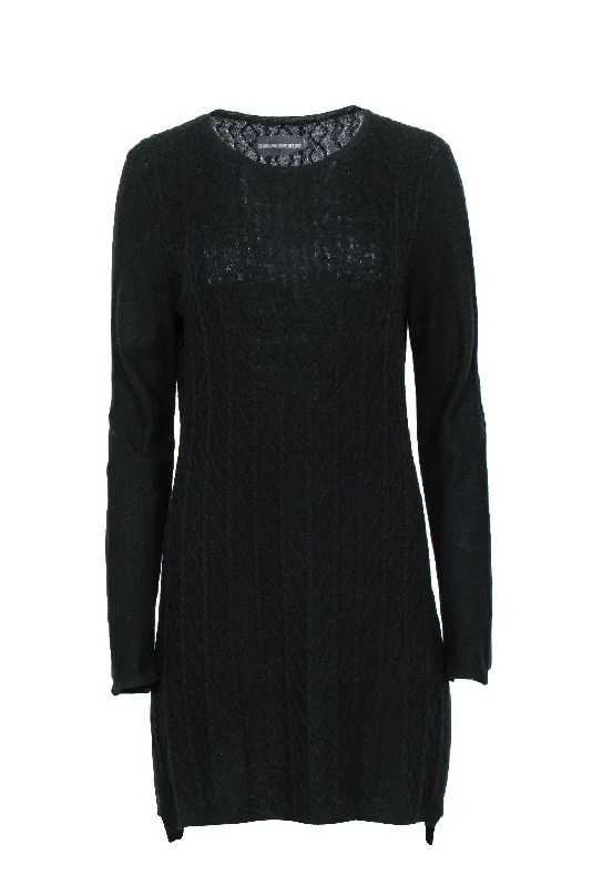 Zadig & Voltaire - Black Cable Knit Wool Sweater Dress Sz M Cozy Knit Gown