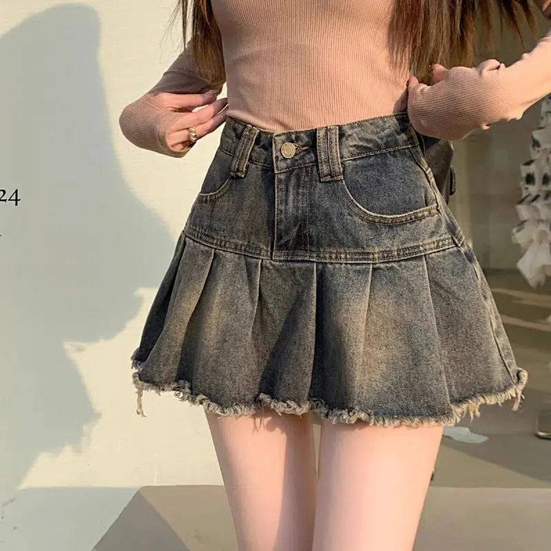 Distressed Pleated Denim Mini Skirt Black Mini Skirt