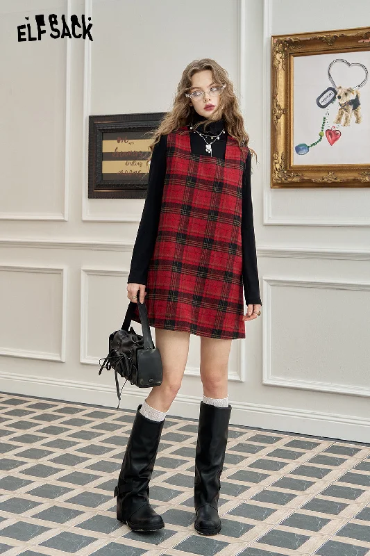 ELFSACK 2024 Winter New Arrivals Red plaid vest short dress for women, loose and slim casual preppy style skirt Polka Dot Skirt