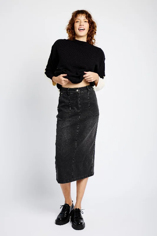 Denim Skirt with Back Slit in Black Relaxed Fit Denim