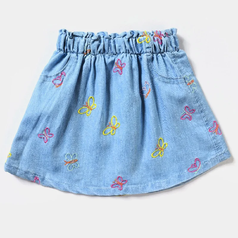 Girls Denim rigid Skirt Butterfly World-Ice Blue Ruffle Hem Denim