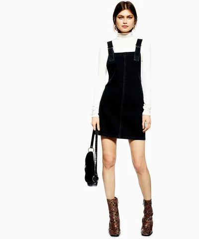 Black Denim Pinafore Dress Skirt with Pockets