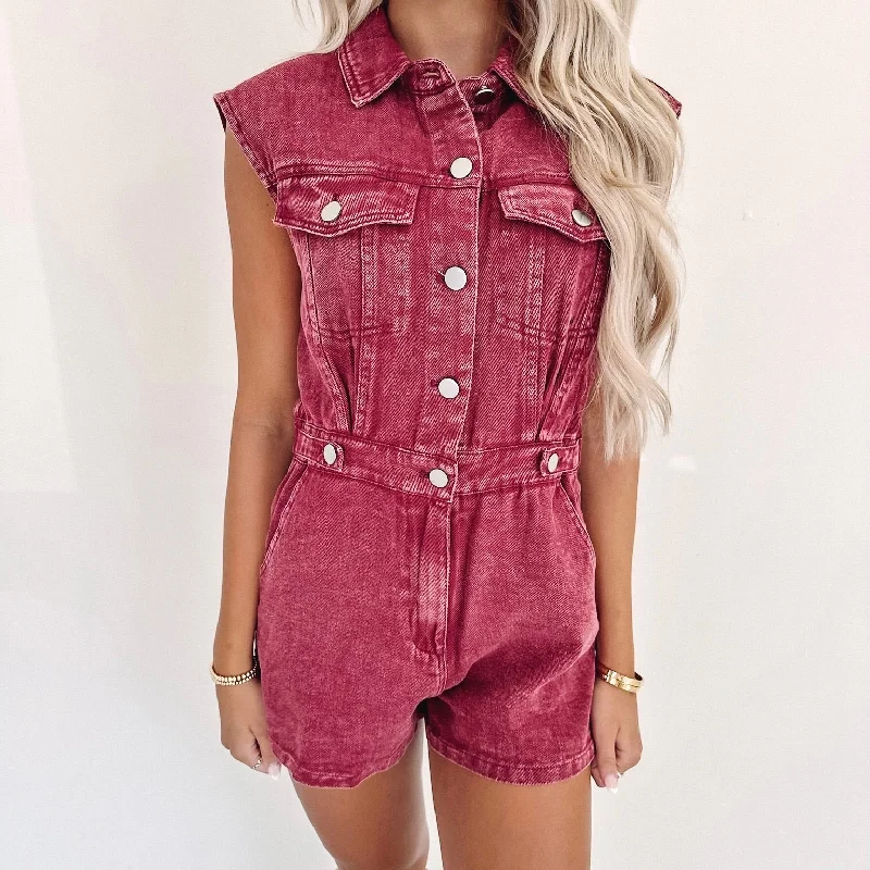 Collins Denim Romper - Burgundy Ripped Denim Skirt