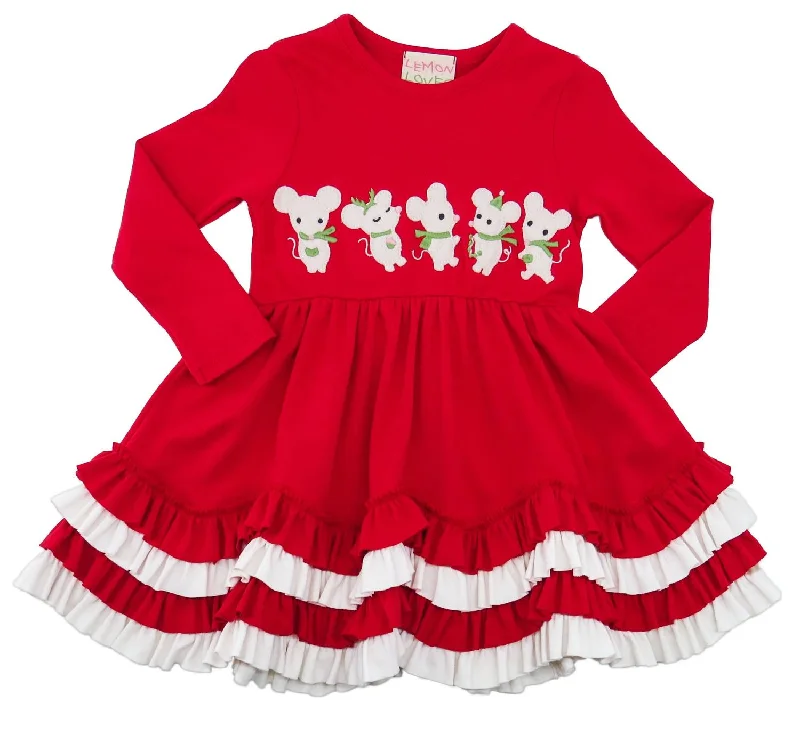 Girl's Christmas Long Sleeve Dress In Red/white Little Mice Choir Boho Maxi Skirt