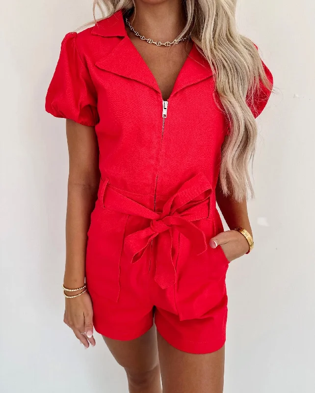 Macey Denim Romper - Red Skinny Denim Skirt