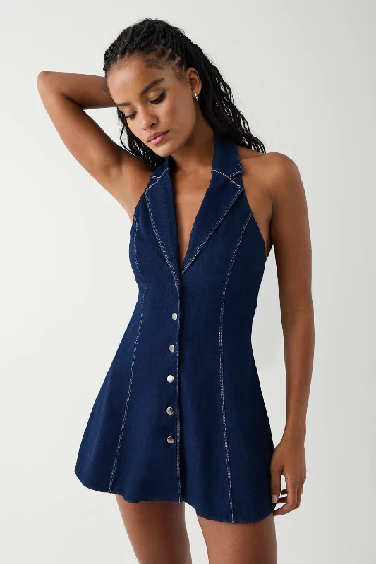 Moonlight Denim Halter Dress - Blue Denim Maxi Denim Skirt