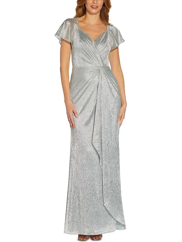 Womens Metallic Maxi Evening Dress Ruffle Long Maxi