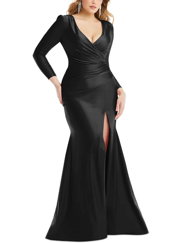 Womens Ruched Long Sleeves Evening Dress Fitted Maxi Skirt