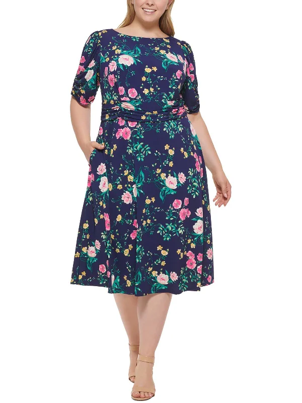 Plus Womens Floral Print Calf Midi Dress Midi Skirt Dress