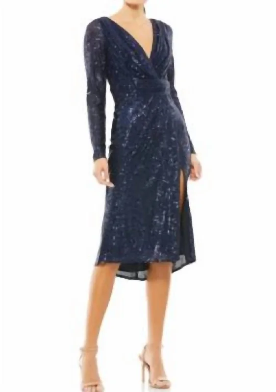 Sequin Long Sleeve Midi Dress In Midnight Ruffled Floral Skirt