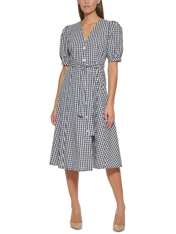 Womens Gingham Elbow Sleeves Midi Dress Wool Midi Skirt