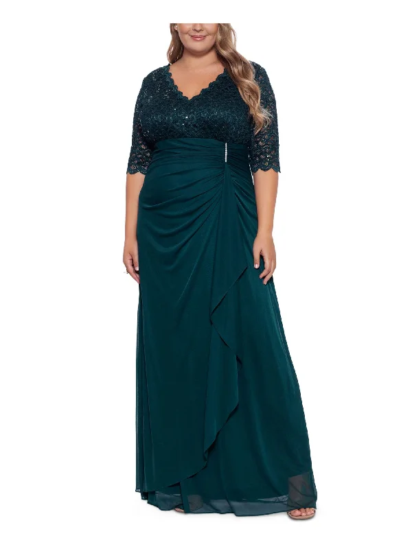 B&A  BY BETSY & ADAM Womens Green Sequined Lace Zippered V-back Lined Elbow Sleeve V Neck Full-Length Evening Gown Dress Elegant Sequin Dress