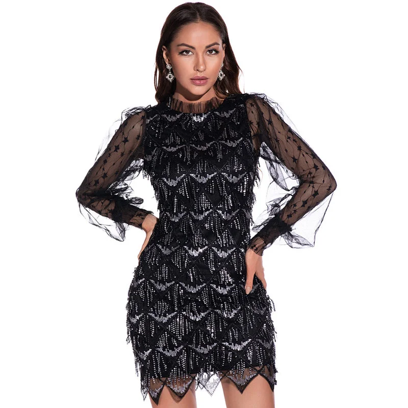 Bestselling Sexy Mesh Long Sleeve Sequin Patchwork Dress Silver Sequin Dress