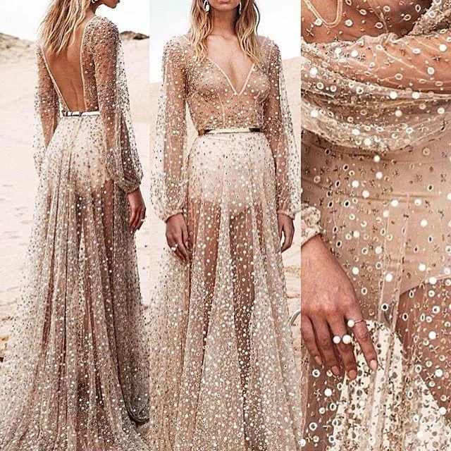 Clearance Elegant Mesh Sequins Slim Long Dress Sequin Evening Dress