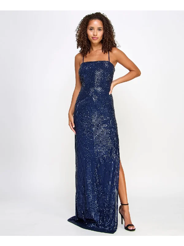 EMERALD SUNDAE Womens Navy Sequined Adjustable Padded Slitted Lined Zippered Spaghetti Strap Square Neck Full-Length Evening Gown Dress Sequin Bodycon Dress