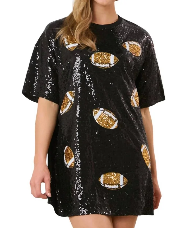 Football Sequins Short Sleeve Basic T-Dress In Black Satin Sequin Dress