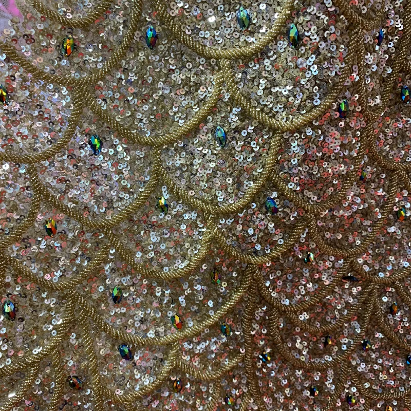 Gold Bronze Sequins and Beads Embroidered Tulle Fabric Pink Sequin Gown