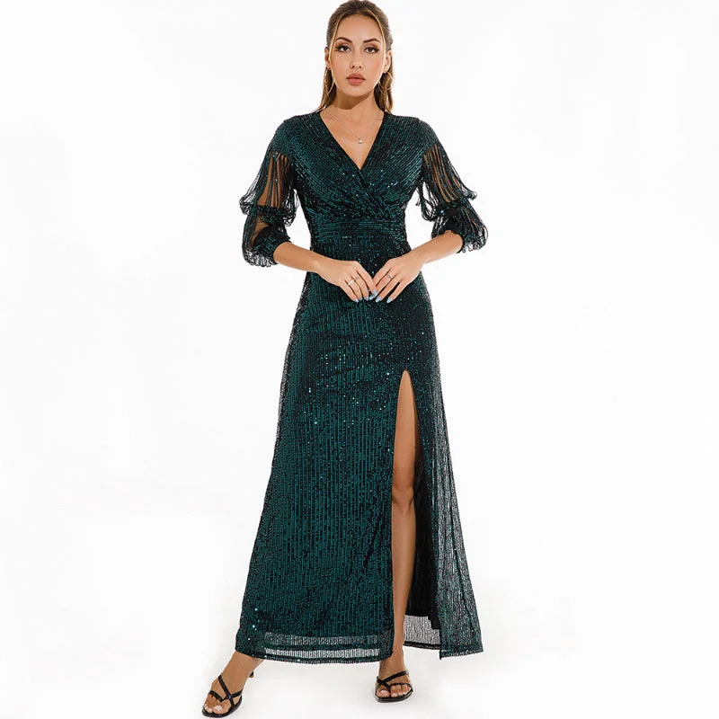 Long Sexy Vintage Green Sequin Dress Flirty Sequin Dress