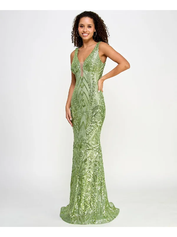 MORGAN & CO Womens Green Sequined Lined Zippered Illusion Neckline Sleeveless V Neck Full-Length Formal Gown Dress Sequin Detail Dress