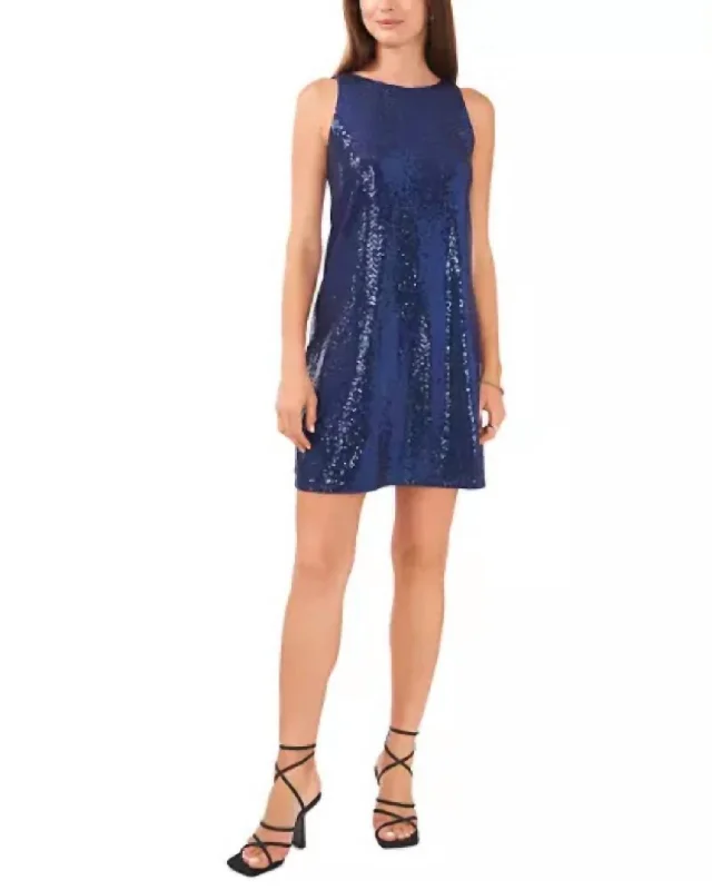 Sleeveless Sequin Shift Dress In Blue Sequin Dress Casual