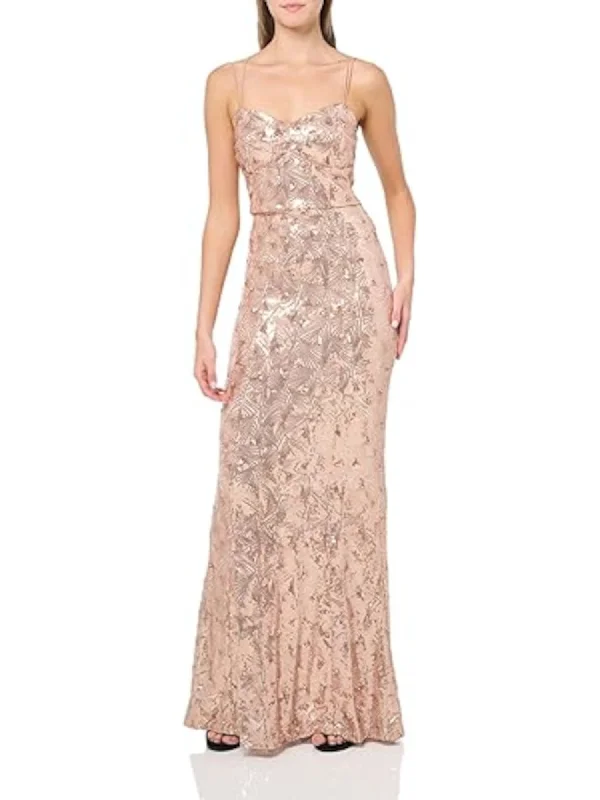 SPEECHLESS Womens Pink Zippered Sequined Strappy Padded Spaghetti Strap Sweetheart Neckline Full-Length Formal Gown Dress Metallic Sequin Dress