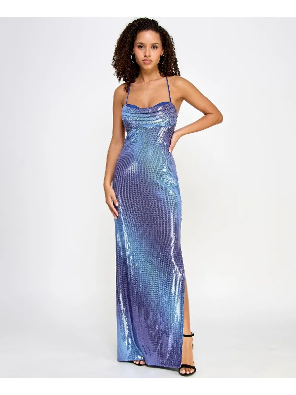 VIOLET WEEKEND Womens Blue Sequined Slitted Lined Zippered Lace Up Back Ombre Spaghetti Strap Cowl Neck Full-Length Formal Gown Dress Sequin Dress Glamour