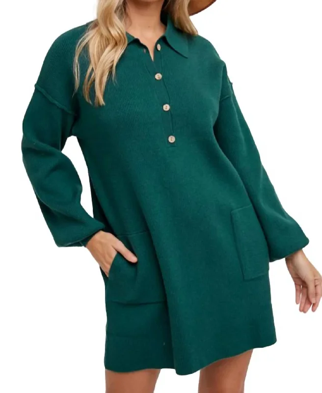 Anytime Ribbed Shirt Dress In Hunter Green Satin Shirt Dress