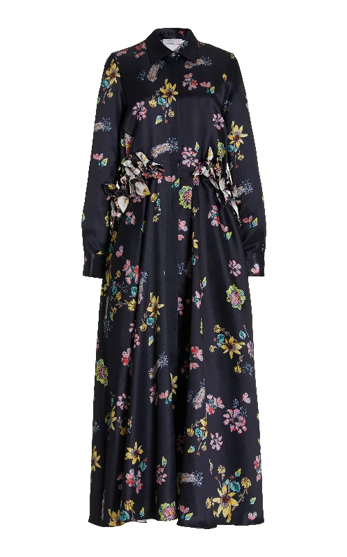 Clive Shirtdress in Dark Navy Multi Printed Silk Relaxed Shirt Gown