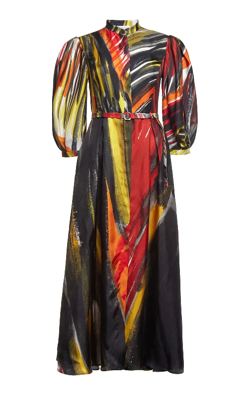 Dexter Pleated Shirtdress in Multi Printed Silk White Linen Shirt