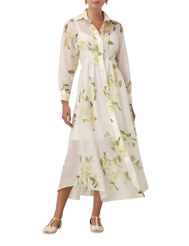 Harmony Draped Shirt Dress In Ivory Magnolia Floral Shirt Dress