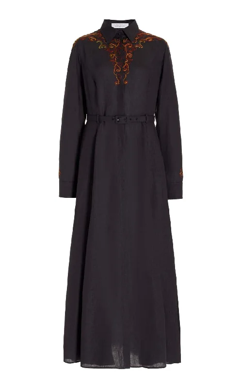 Mcgraw Embroidered Shirtdress in Charcoal Aloe Linen V-neck Shirt Dress