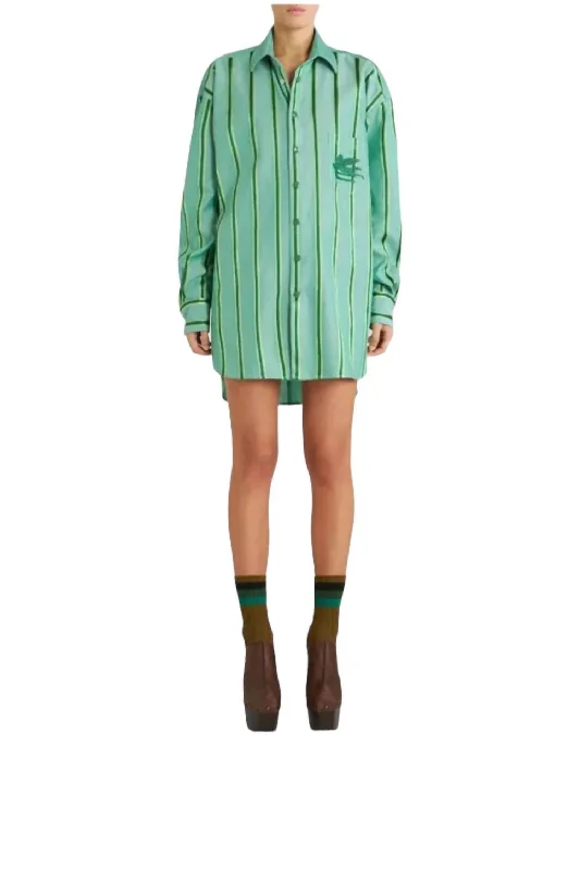 Striped Shirt Dress With Pegasus Logo In Green White Linen Shirt