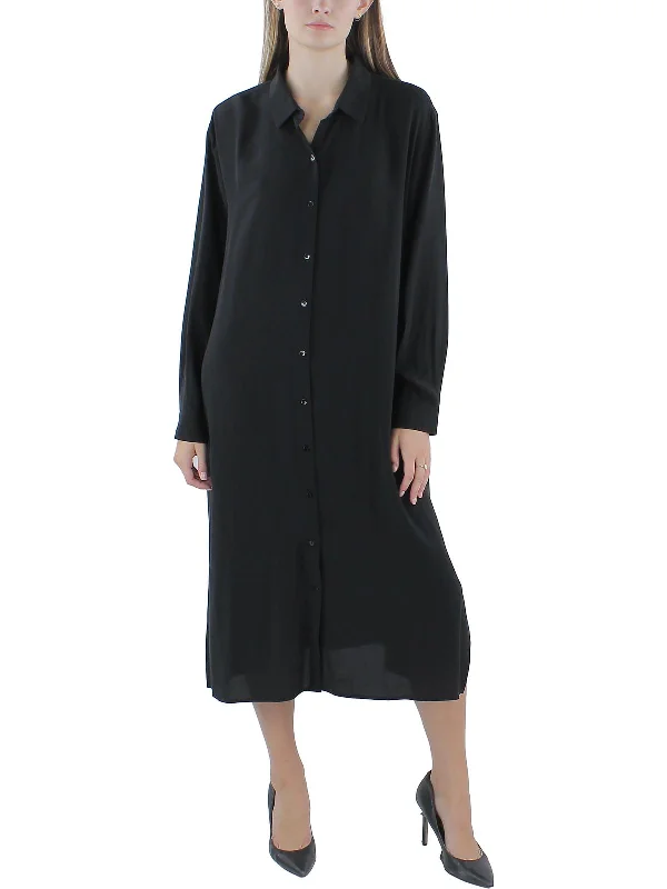 Womens Collar Silk Shirtdress Casual Dress Shirt