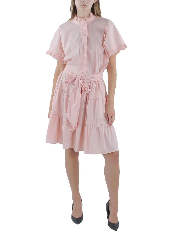 Womens Ruffled Cotton Shirtdress Short Shirt Dress